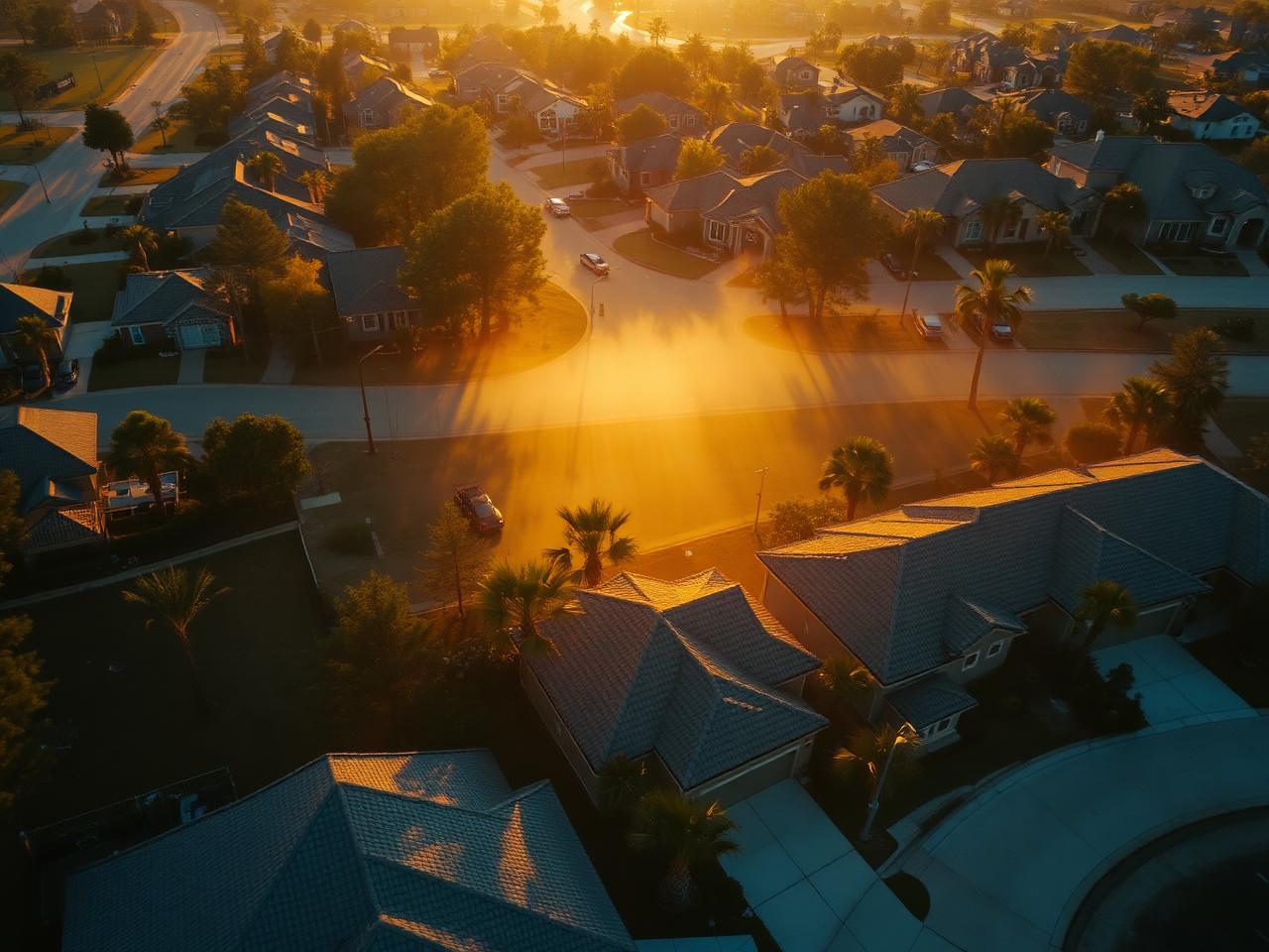 Aerial view of a Conroe, Texas neighborhood at golden hour