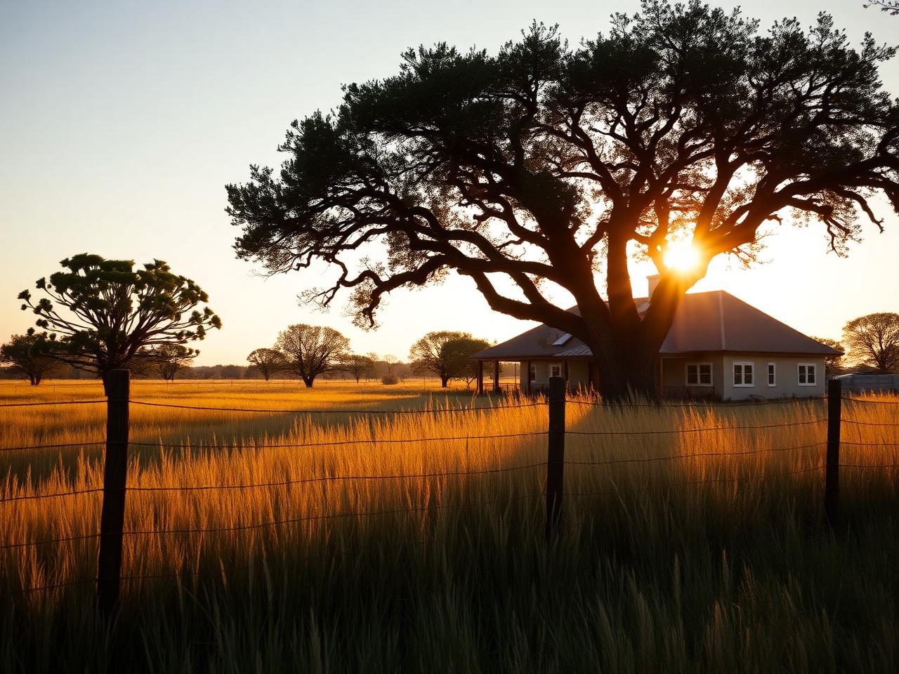 Texas home on open acreage with oak trees and fencing near Magnolia