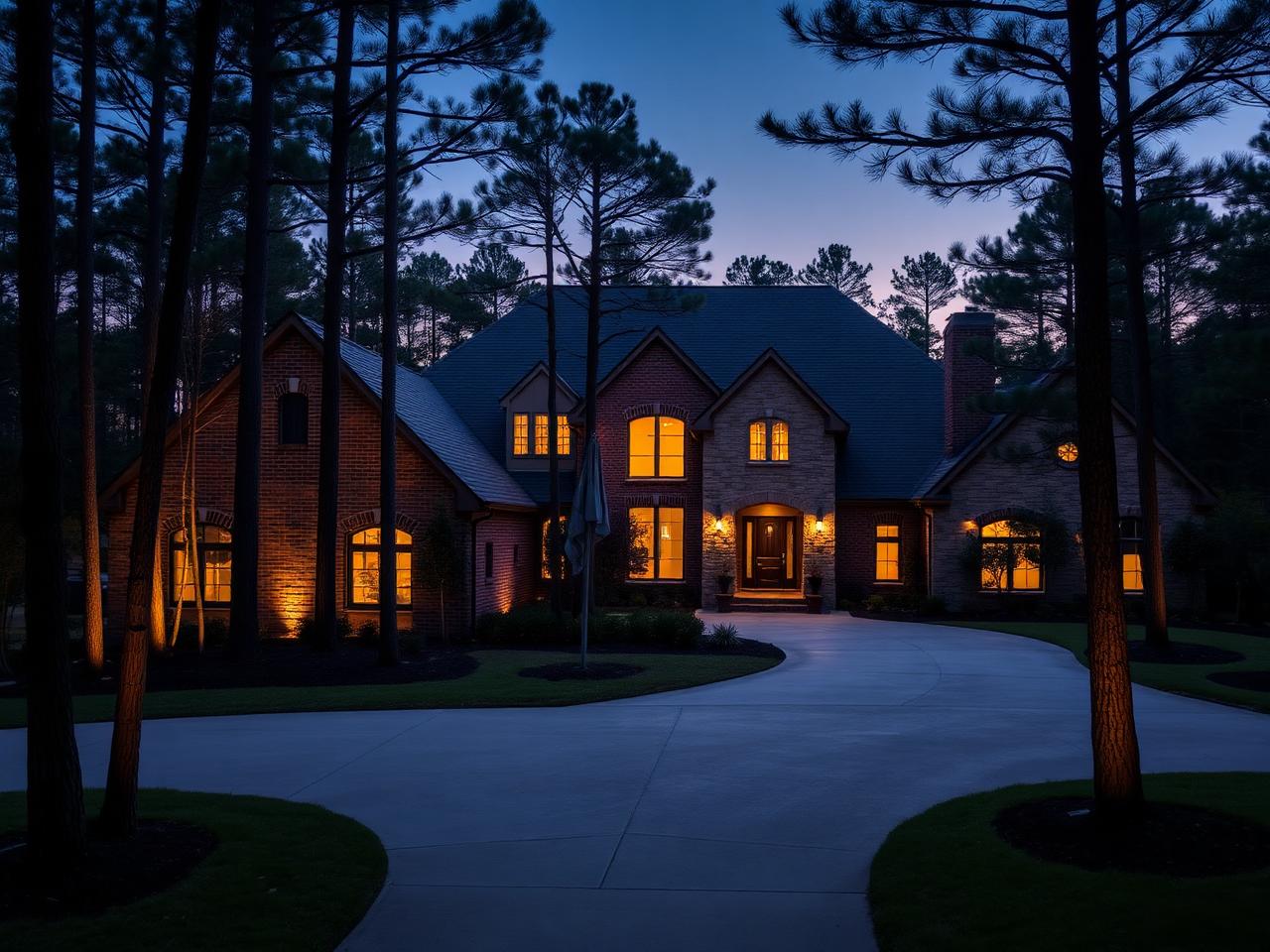 Upscale brick home surrounded by tall pines in The Woodlands, Texas at dusk