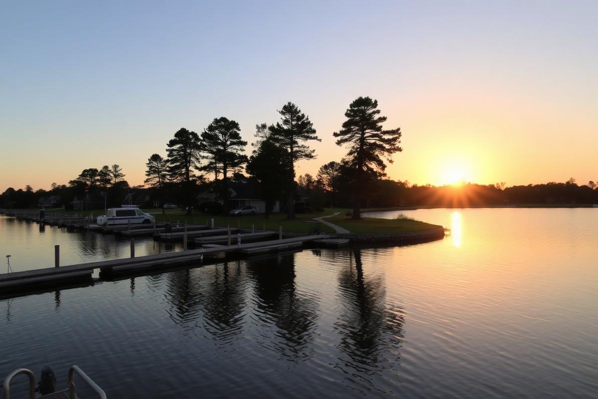 Lake Conroe shoreline at sunset with pine trees and boat docks, Montgomery County, Texas